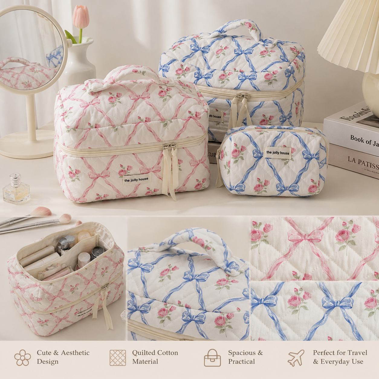 Cute Bow Flower Quilting Makeup Bag