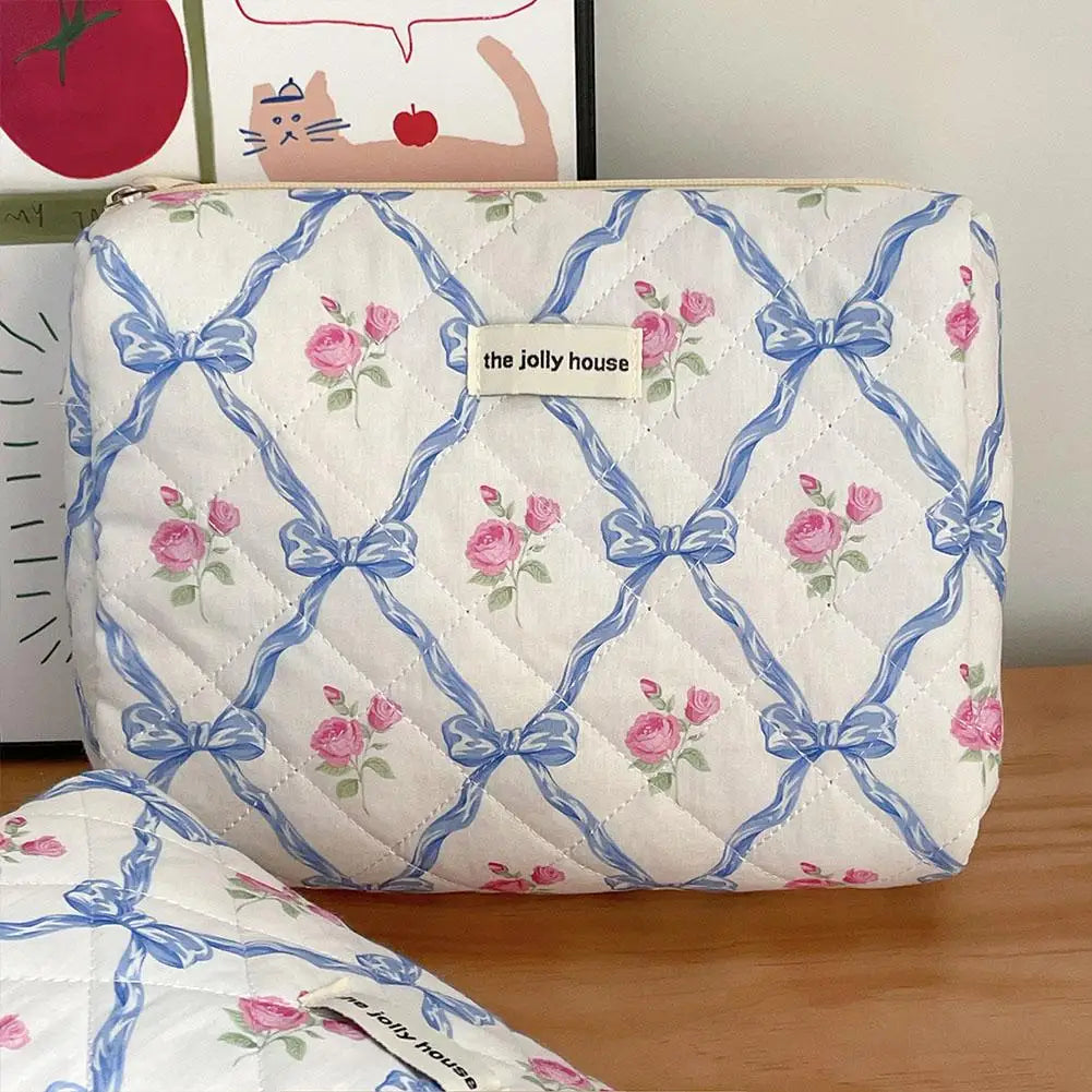 Cute Bow Flower Quilting Makeup Bag