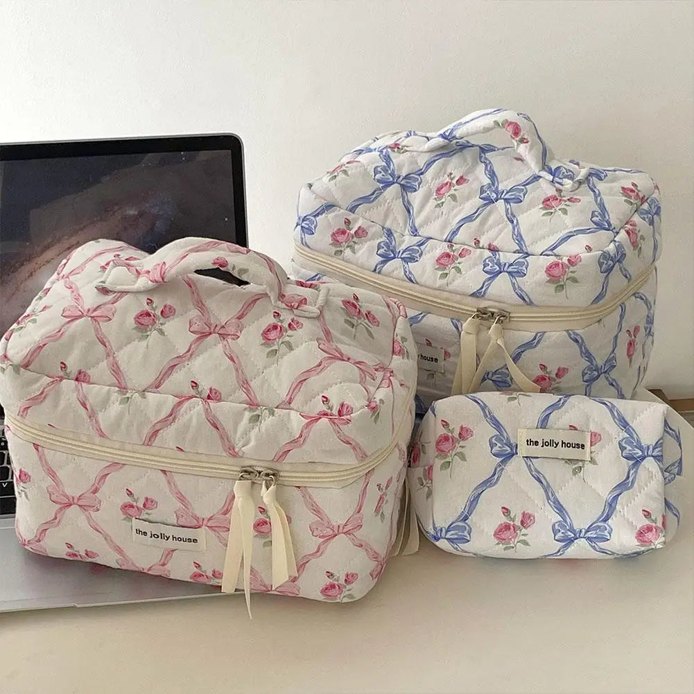 Cute Bow Flower Quilting Makeup Bag