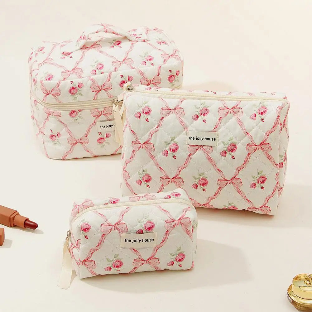 Cute Bow Flower Quilting Makeup Bag