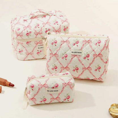 Cute Bow Flower Quilting Makeup Bag