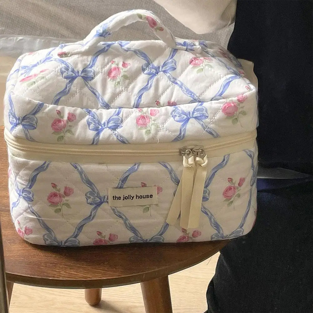 Cute Bow Flower Quilting Makeup Bag