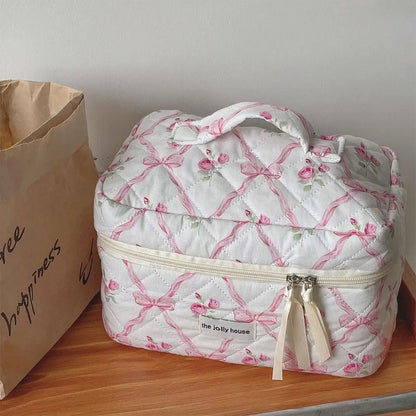 Cute Bow Flower Quilting Makeup Bag