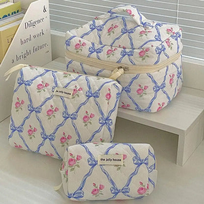 Cute Bow Flower Quilting Makeup Bag
