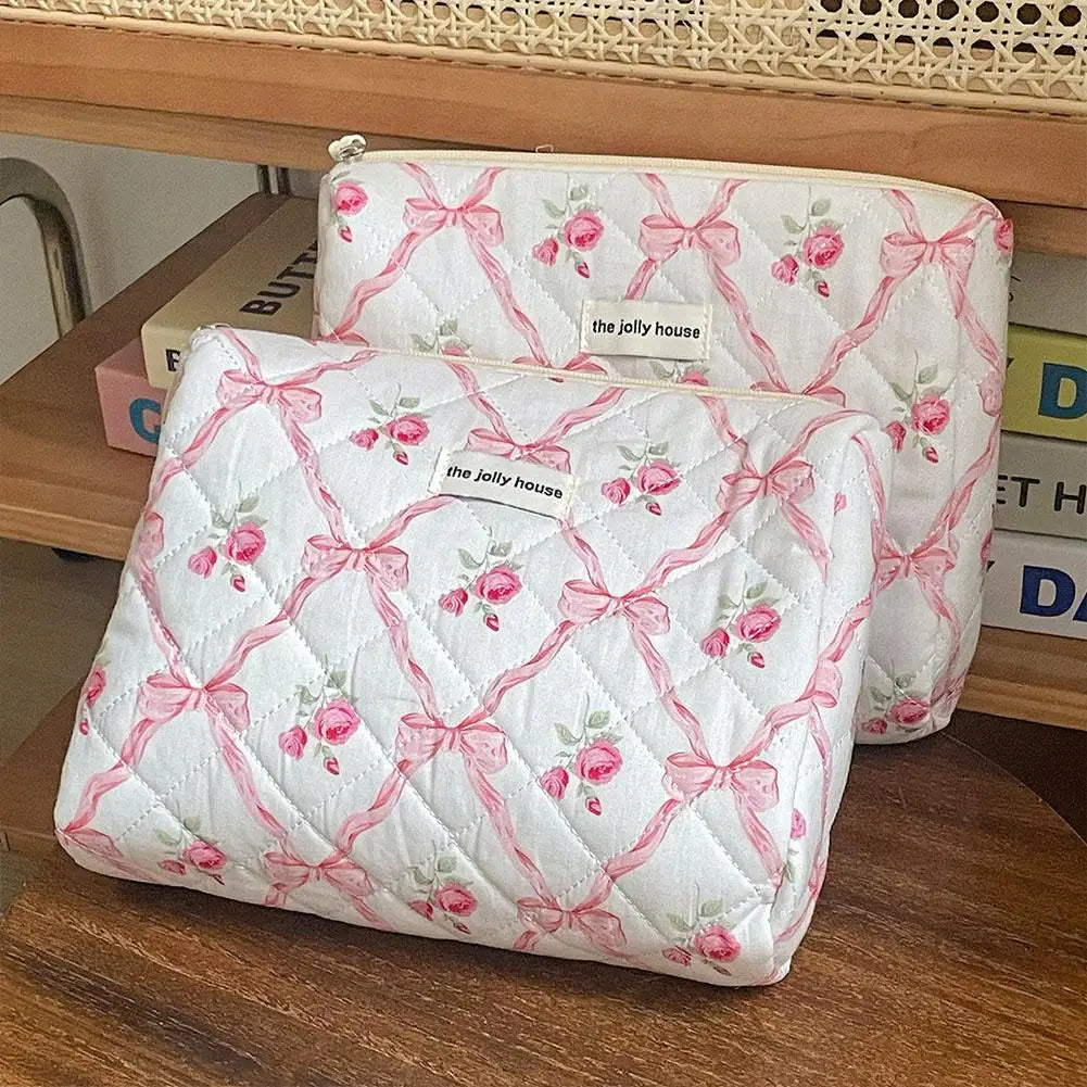 Cute Bow Flower Quilting Makeup Bag