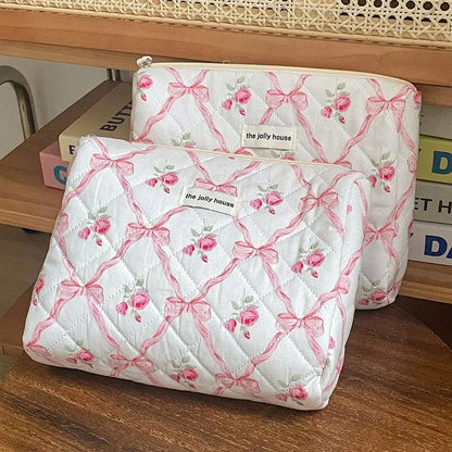 Cute Bow Flower Quilting Makeup Bag