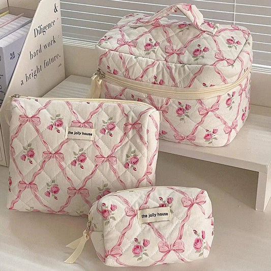 Cute Bow Flower Quilting Makeup Bag