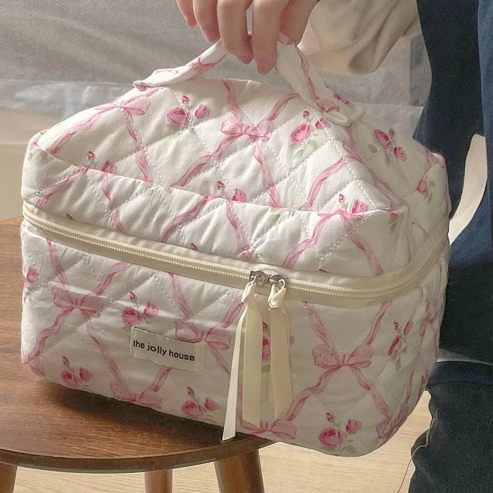 Cute Bow Flower Quilting Makeup Bag