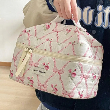 Cute Bow Flower Quilting Makeup Bag