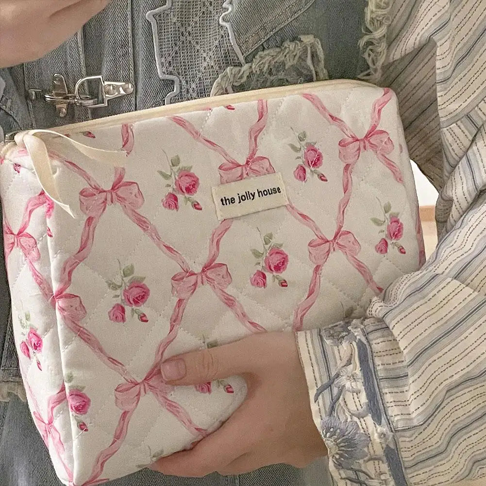 Cute Bow Flower Quilting Makeup Bag