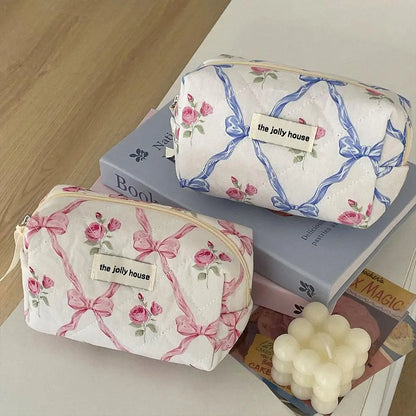 Cute Bow Flower Quilting Makeup Bag